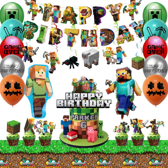 Minecraft Birthday Party Supplies, Minecraft Party Decorations Set - Minecraft Birthday Decorations Banners Tablecloth Minecraft Balloon Cake Topper etc. Minecraft Party Supplies