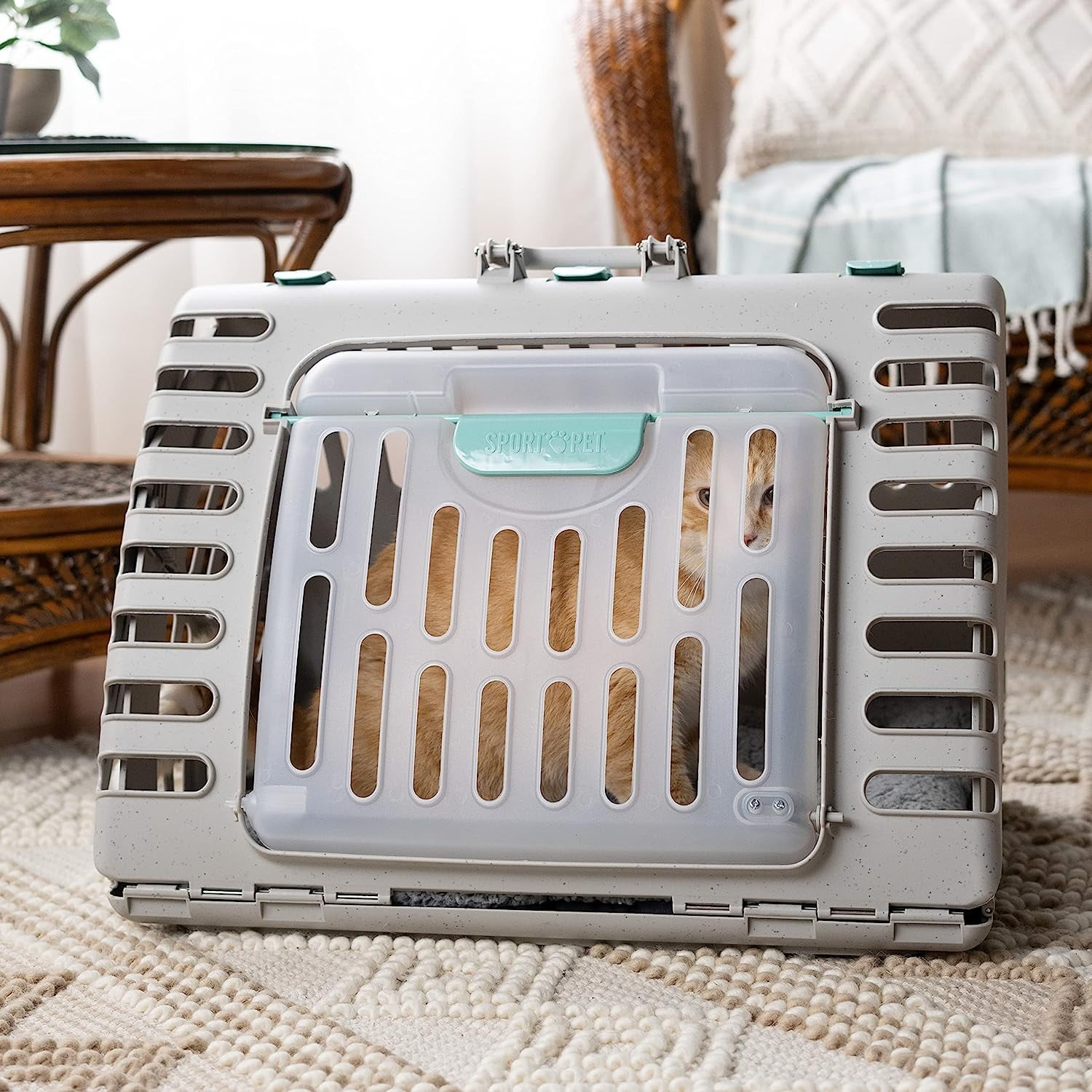 SportPet Extra Large Durable Plastic Collapsible Cat Carrier with Water-Resistant Cat Bed
