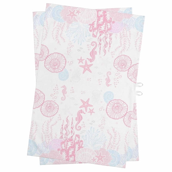 Coastal Pink Kitchen Towels Set of 2, Water Absorbent Dish Towel, Ocean Coral Starfish Jellyfish Seahorse Decorative Hand Towels - Quick Drying Cloth for Cooking Baking, 18x28 Inch