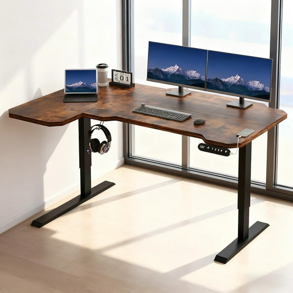 Escritorio Eléctrico en L 59" Ajustable para Home Office,Mesa Ergonómica con Memoria Programable, Motor Silencioso y Sensor Anti-Colisiones, 150 x 100x 68cm(Marrón)