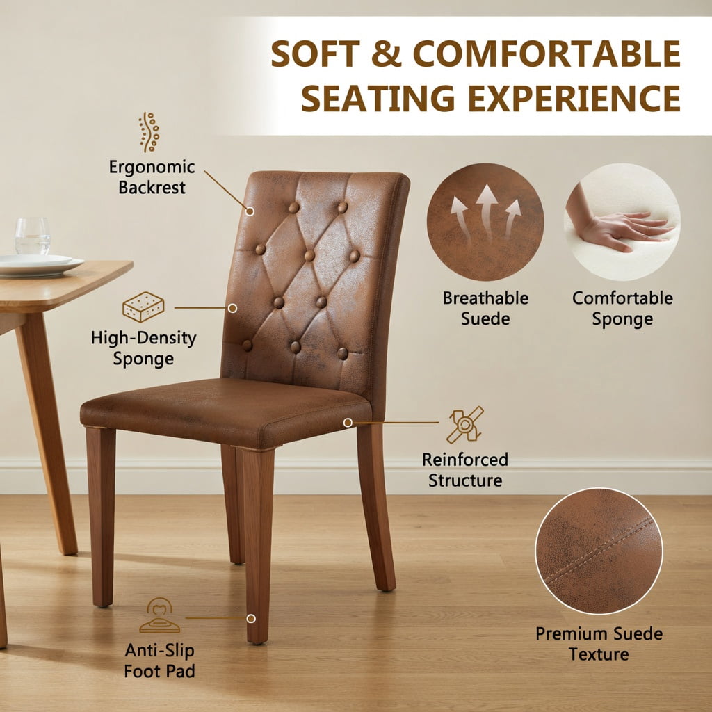 Hommoo 2-Pack Tech Fabric Dining Chairs with Ergonomic Buckle Backrest, Walnut Metal Legs, 35-inch Height, Modern Restaurant & Home Dining Seating, Brown