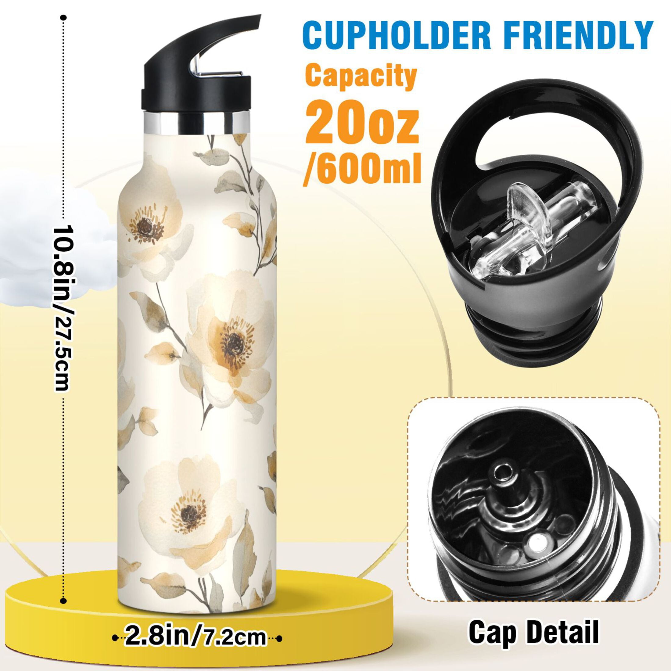 600ML Stainless Steel Insulated Cup Sports Water Bottle Portable Thermos Cup Water Glasses Insulated Tumblers Convenient and Durable Cartoon Cream Flowers Seamless