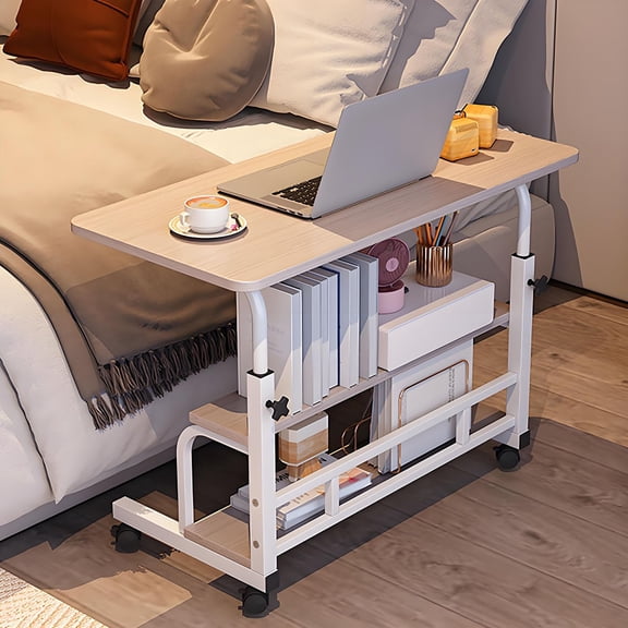 Adjustable C-Shaped Side Table with Storage and Casters, Modern Mobile Sofa Side Table, Height Adjustable, Easy Assembly, for Living Room Bedroom Small Spaces