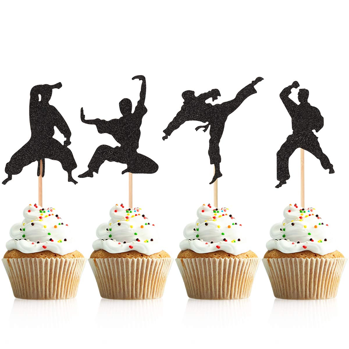 Ninja Happy Birthday Cake Topper - Black Glitter Kung Fu Warrior Pick For Ninja Theme Party, Baby Shower, Decor