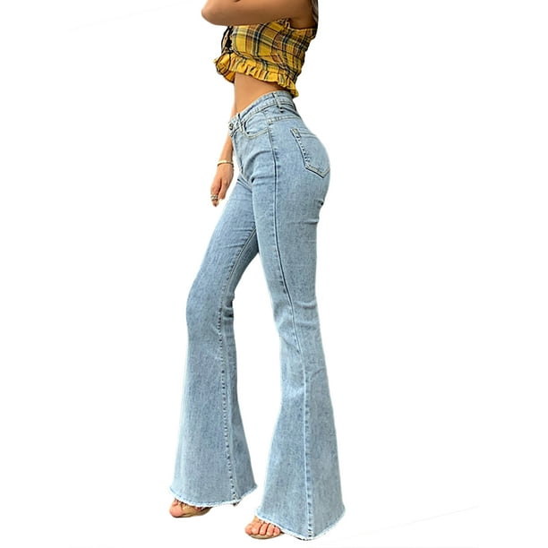 Women Vintage Bell Bottom Jeans Solid Color High Waisted Jeans Slim Flared Jeans 70s Flared Denim Pants Walmart.com