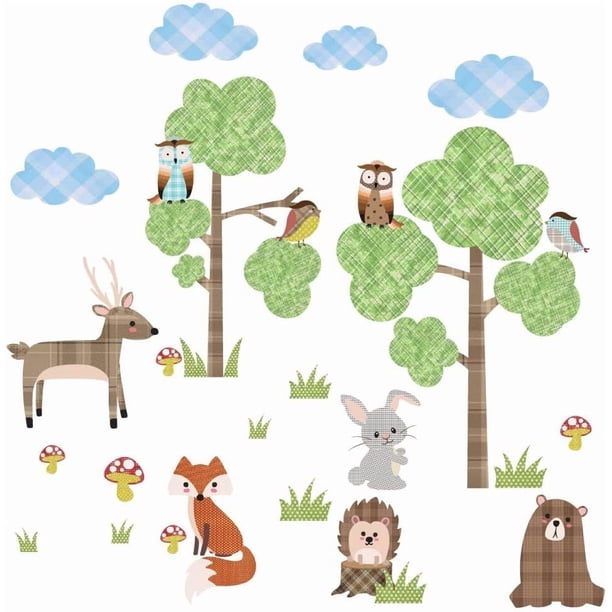 Calcomanías de pared de animales del bosque de cartón, árboles, nubes, ciervos, conejos, zorros, decoración de pared, pegatinas de animales de dibujos animados