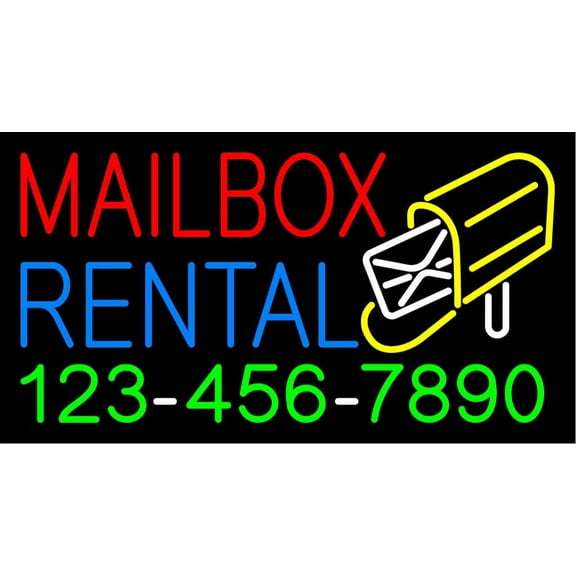 MailBox Rental with Phone Number LED Neon Sign 13 x 24 - inches, Black Square Cut Acrylic Backing, with Dimmer - Bright and Premium built indoor LED Neon Sign for Store interior and stroefront