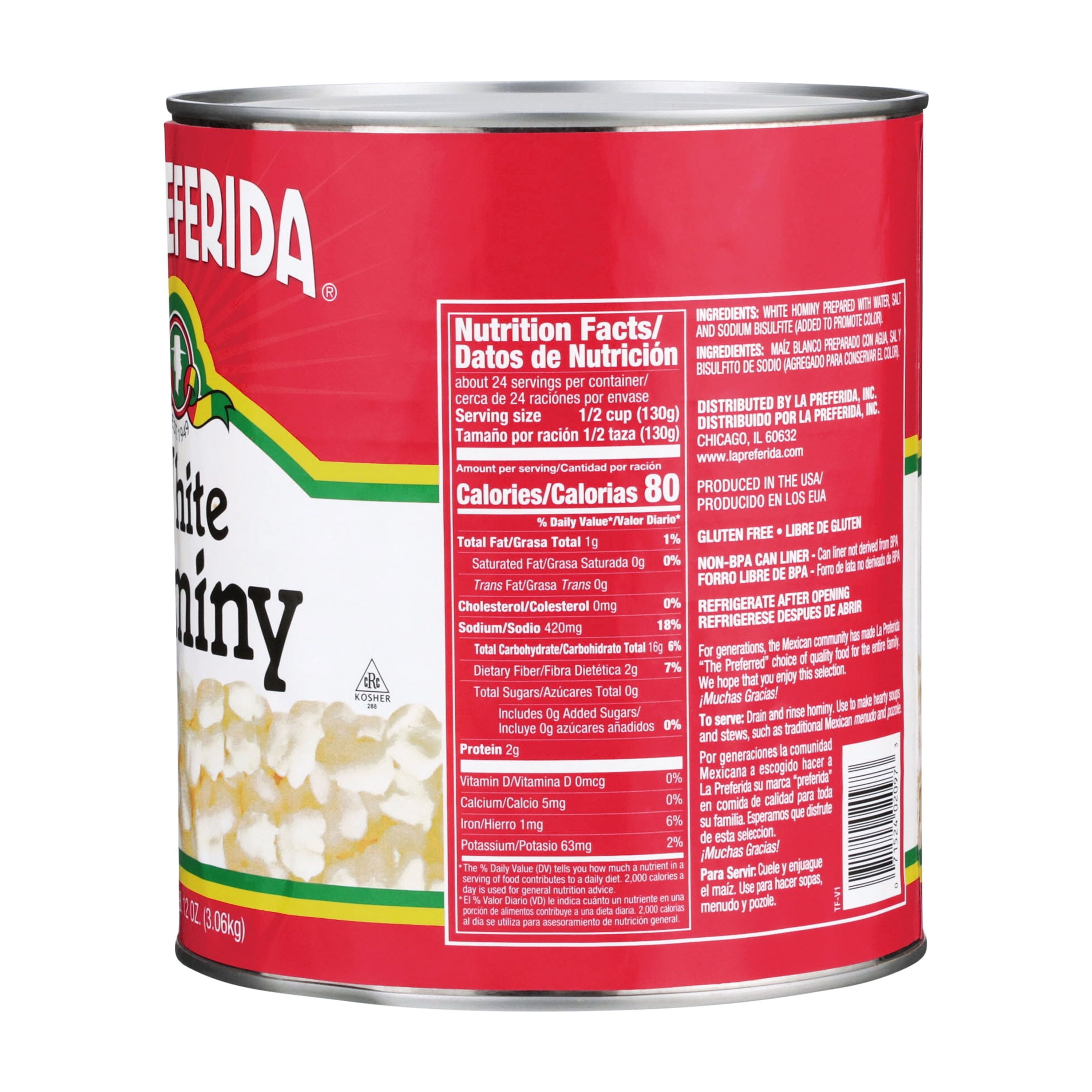La Preferida White Hominy, 6 lb 12 oz, Can