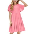 thumbnail image 2 of Delliss Girls' Summer Solid Color Butterfly Sleeve Swing A Line Flowy Crew Neck Midi Dress 4-13 Years, 2 of 9
