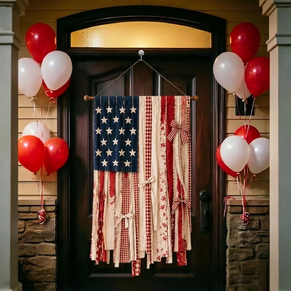 Independence Day American Flag Rag Garland with LED Lights Hanging Wall Banner for 4th of July Front Door Porch Decor 23.8x65.7 Inch