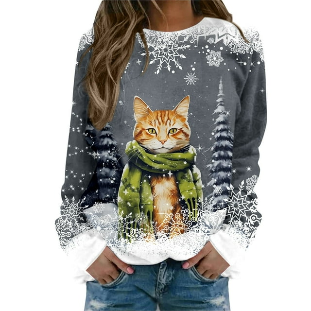 Chandail en Molleton Imprimé Joyeux Noël pour Femmes Col Rond Décontracté Manches Longues Coupe Ample Blouse d'Entraînement Col Rond Confortable