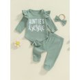 thumbnail image 4 of Elippeo 3-Piece Baby Girls Ribbed Set Letter Print Long Sleeve Round Neck Ruffled Romper Long Trousers Hair Band Adorable Outfits 3 6 9 12 Months, 4 of 9