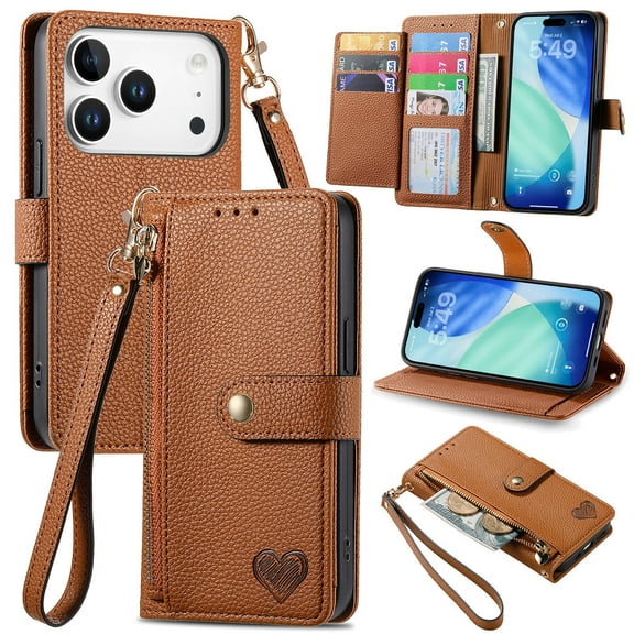 Wallet Case for iPhone 17 Pro Max Women Men, Durable PU Leather Magnetic Flip Lanyard Strap Wristlet Zipper Card Holder Kickstand Wallet Phone Case Cover Full Body Protection, Brown