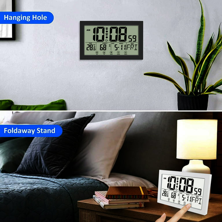 WallarGe Auto Set Digital Wall Clock Battery Operated, Desk Clocks with Temperature, Humidity and Date, Large Display Digital Calendar Alarm Clock