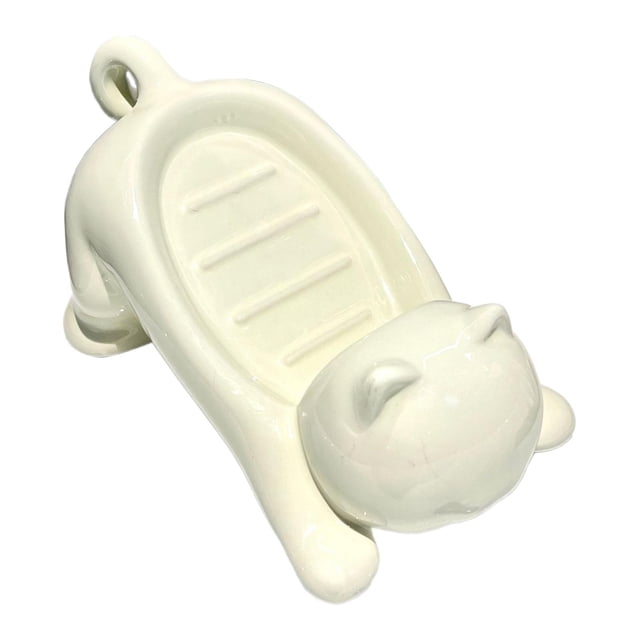 Jabonera con forma de gato de dibujos animados, autodrenante, para fregadero de cocina. Blanco