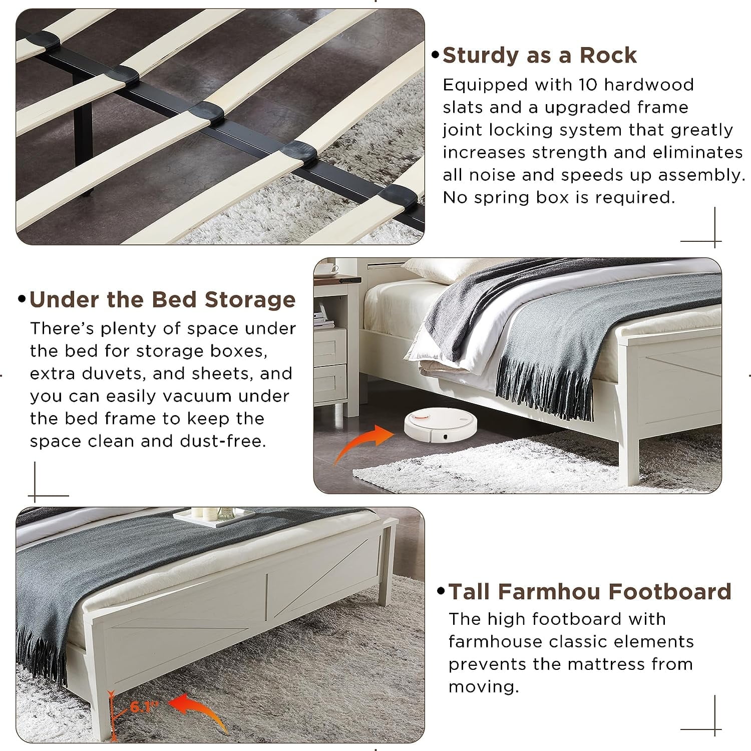 OKD Modern Farmhouse King Platform Bed with Bookcase Headboard Storage and Charging Station, No Box Spring Needed, Anitique White