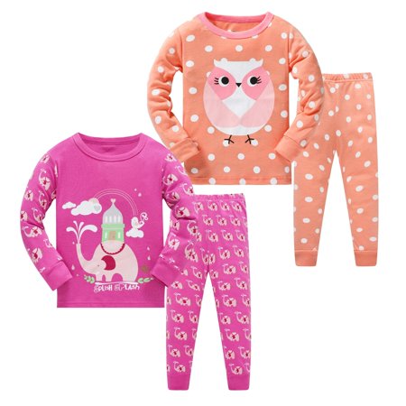 

AmberEft Size 6 Pajamas for Girls Owl PJs 100% Cotton Long Sleeve Jammies Elephant Pyjamas 4-Piece Sets Clothes