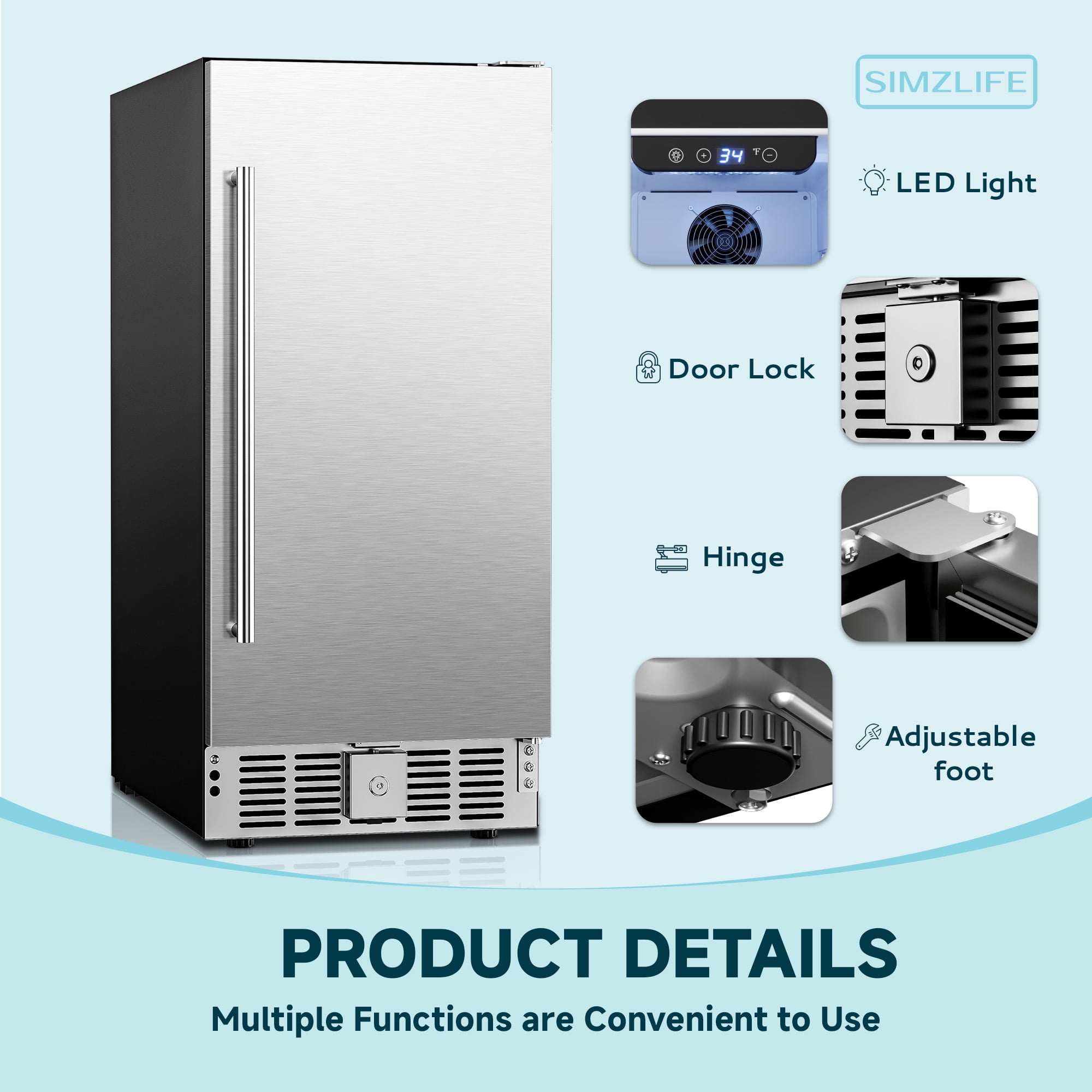 Simzlife 3.2 Cu.ft Beverage Refrigerator,130 Cans Under Counter Drink Fridge,Auto LED Lights,Silver Stainless Steel