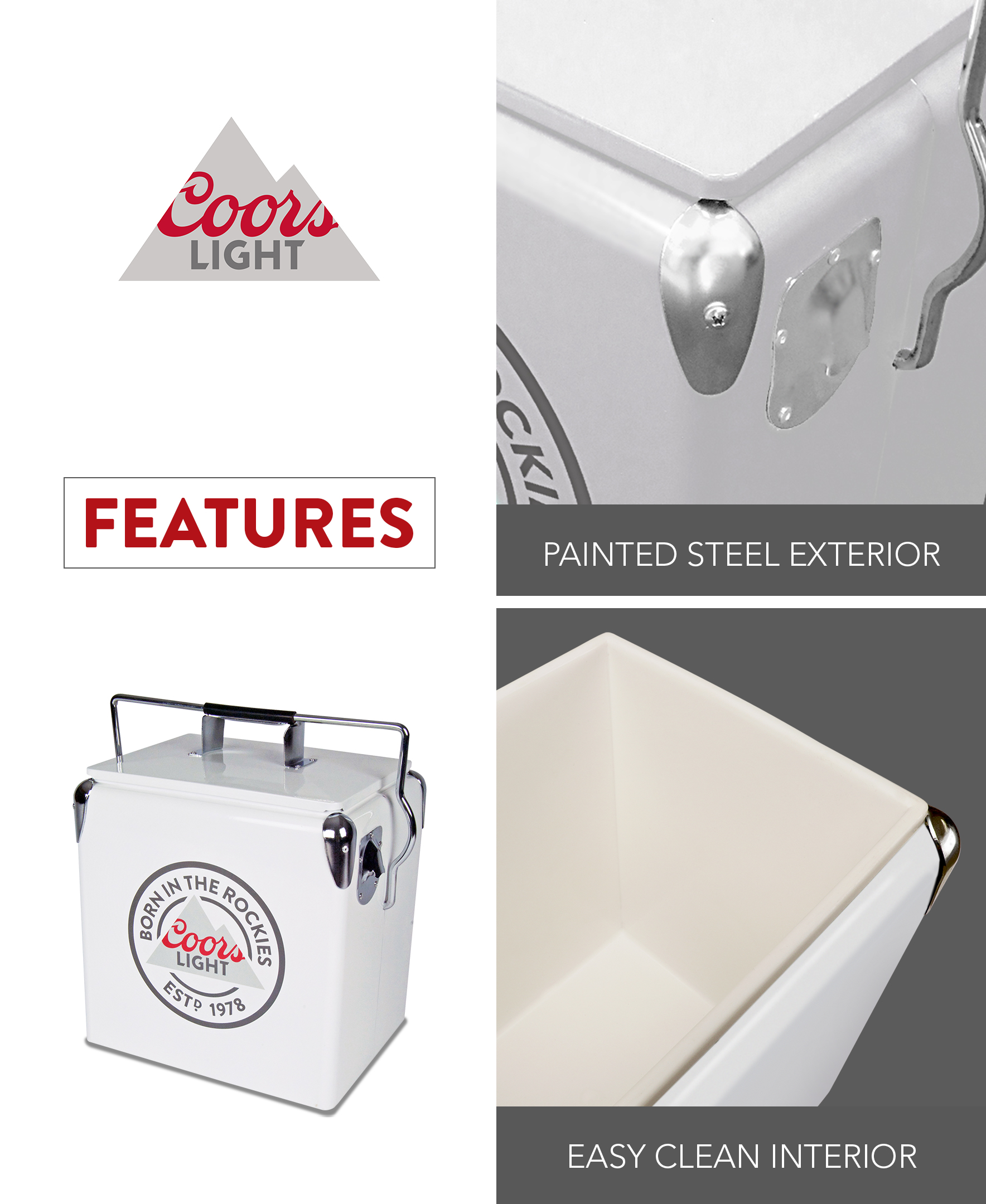Coors Light Retro Ice Chest Cooler with Bottle Opener 13L (14 qt), White and Silver