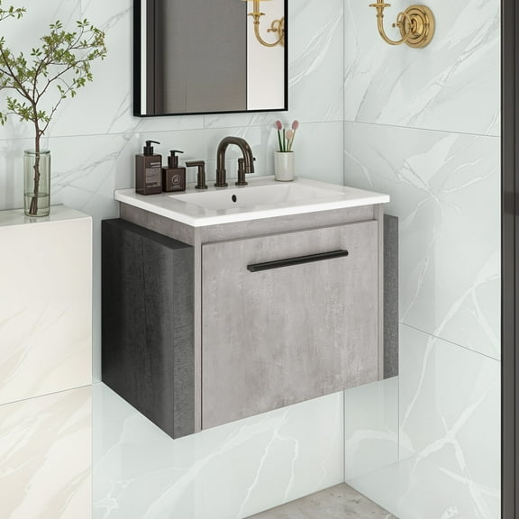 ModFusion 20 Inch Compact Wall-Mounted Bathroom Vanity with Ceramic Basin, Bathroom Cabinet Storage with Soft Closing Single Door & Sink, Gray