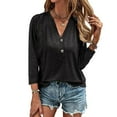 thumbnail image 2 of AXXD Womens Shirts Trendy Black Basic Summer 2024 V-Neck Button Casual Solid Color Long Sleeve T-shirt Top Long Sleeve V-Neck Shirt Blouse, 2 of 6
