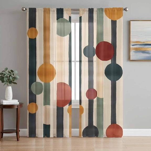 Abstract Boho Semi Sheer Window Curtains 96 Inches Long, Vintage Multicolored Geometric Stripes Rod Pocket Voile Silky Chiffon Curtain Light Filtering Drapes for Living Room, 52"x96", 2 Panels
