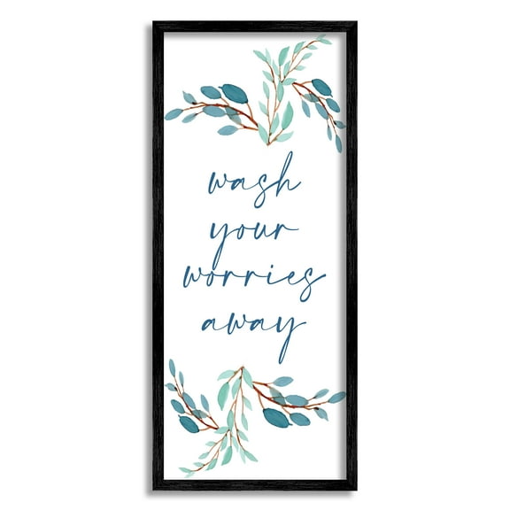 Stupell Industries Wash Your Worries Away Bathroom Phrase Blue Plants, 10 x 24, Designed by Kim Allen