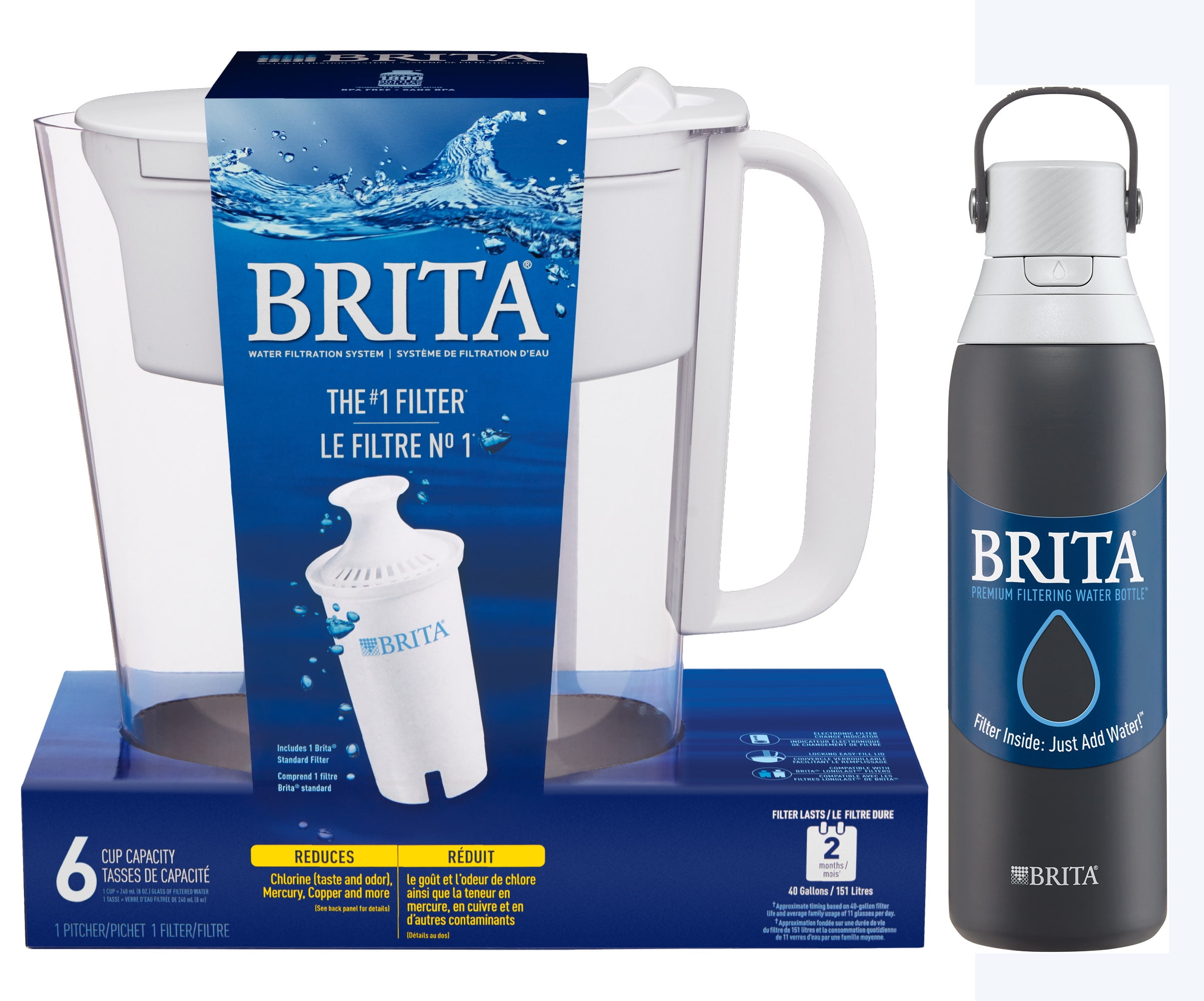 Brita Small 6 Cup Water Filter White Pitcher with 1 Standard Filter & Stainless Steel Water