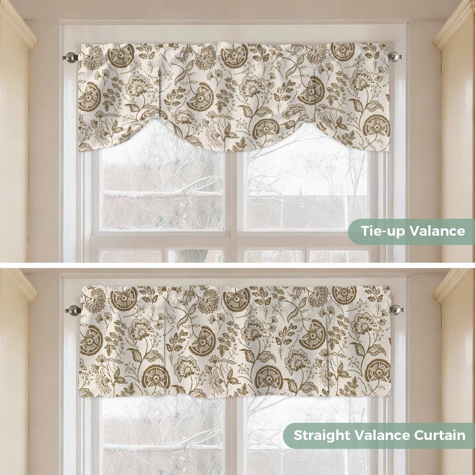 Farmhouse Brown Floral Tie Up Valances Curtain, Linen Boho Flower Rustic Country Adjustable Rod Pocket Short Window Treatment Tie Up Curtains Valances for Kitchen Living Room Bathroom 54x18 Inches