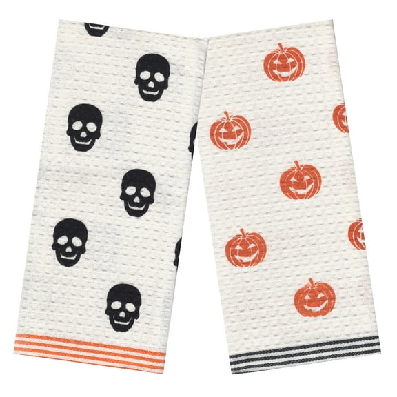 Kane Halloween Kitchen Towel Set, Orange Black Waffle Style Cotton, 16 x 26 inches