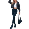 thumbnail image 5 of Long Sleeve Stand Collar Solid Women Zipper Bomber Jacket Motorcycle Crop Coat, 5 of 6