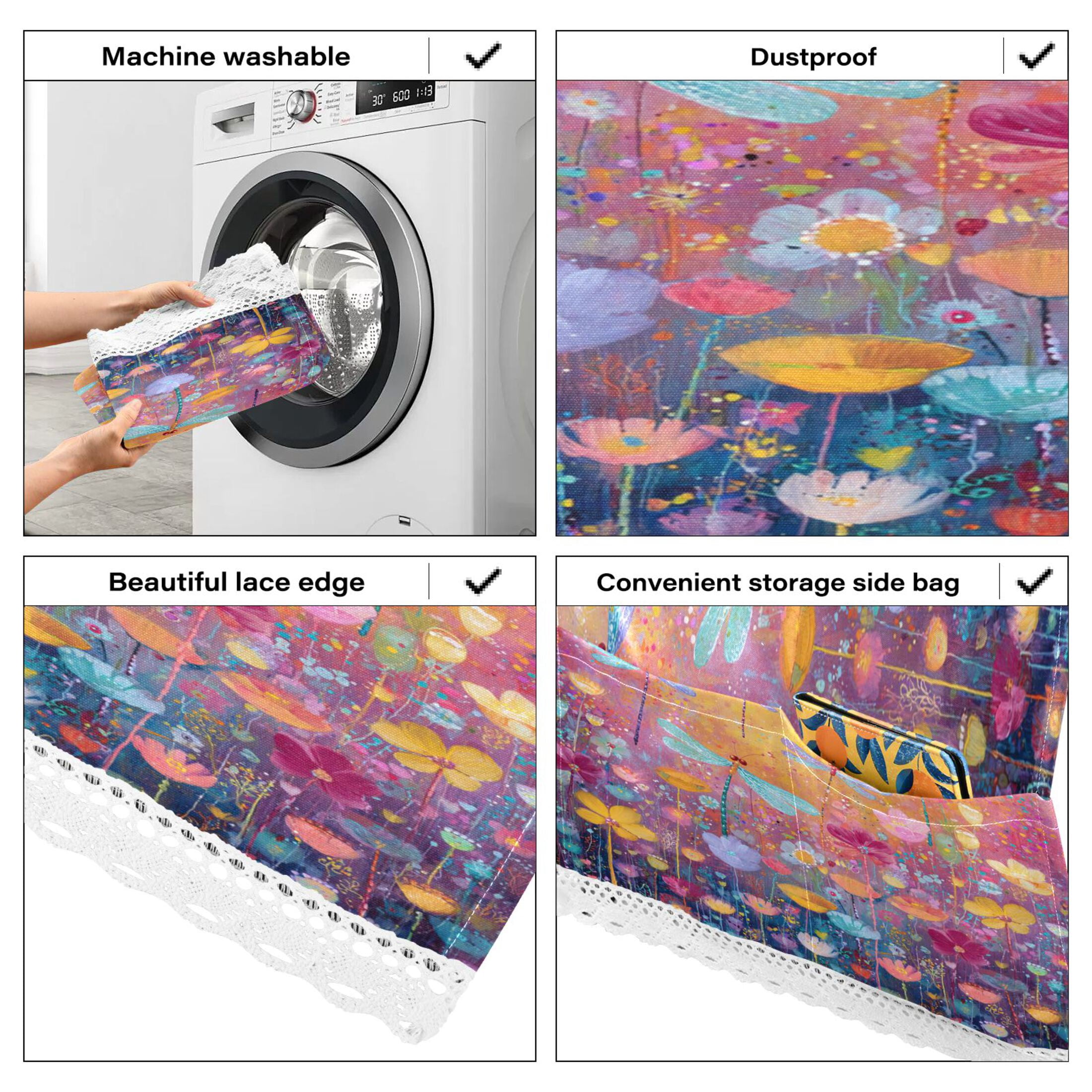 Wobogo Colorful Dragonfly Florals Washing Machine Cover Dustproof Washer Dryer Cover Waterproof Laundry Room Decorative Protector