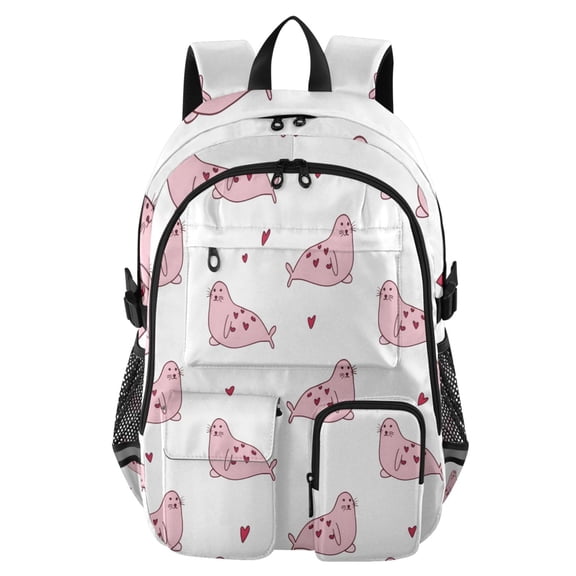 DIXRUYEE Cute Seal Pink Pattern Backpack for School 14”Laptop Compatible with Reflective Safety Strips