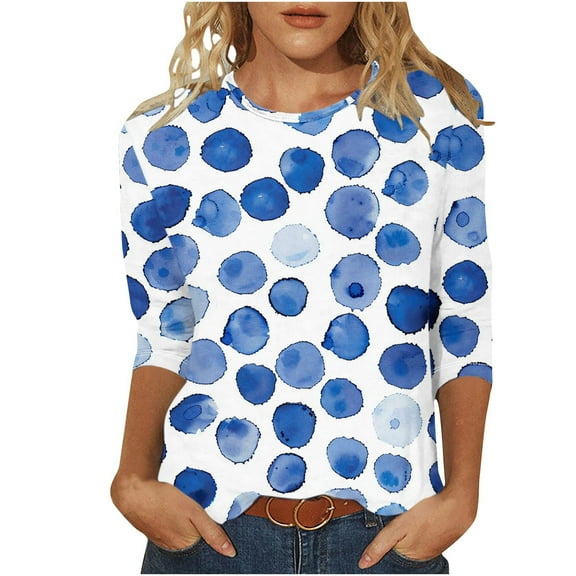 BangWanChi Womens Blouses for Work 3/4 Sleeve Women's Fashion Casual Color Block Printing Round Neck 3/4 Sleeve T-shirt Top Blouse