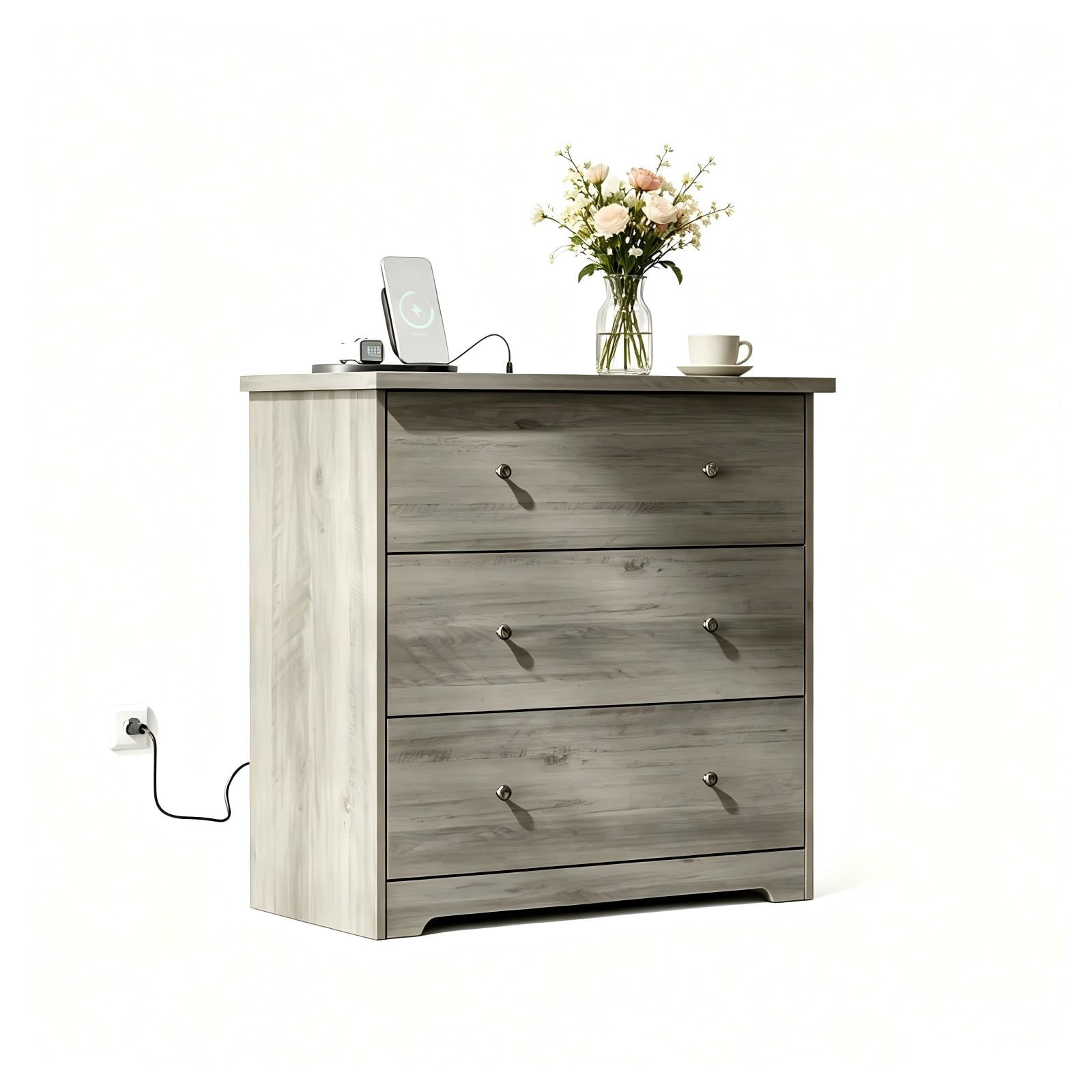 3-Drawer Nightstand, Grey, 31.5 x 15.75 x 30.5 in