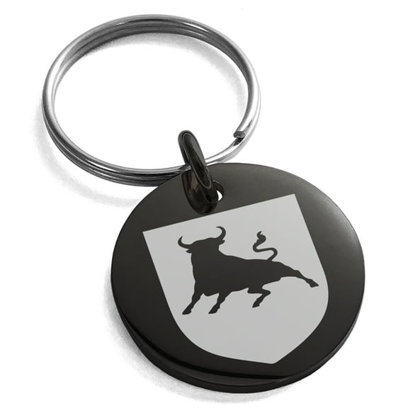 Stainless Steel Bull Bravery Coat of Arms Shield Engraved Small Medallion Circle Charm Keychain Keyring