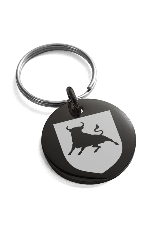 Stainless Steel Bull Bravery Coat of Arms Shield Engraved Small Medallion Circle Charm Keychain Keyring