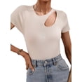 thumbnail image 3 of Arvbitana Women Solid Color T-shirt Short Sleeve Round Neck Cutout Ribbed Crop Tops Summer Casual Slim Fit Blouses Basic Tee, 3 of 9