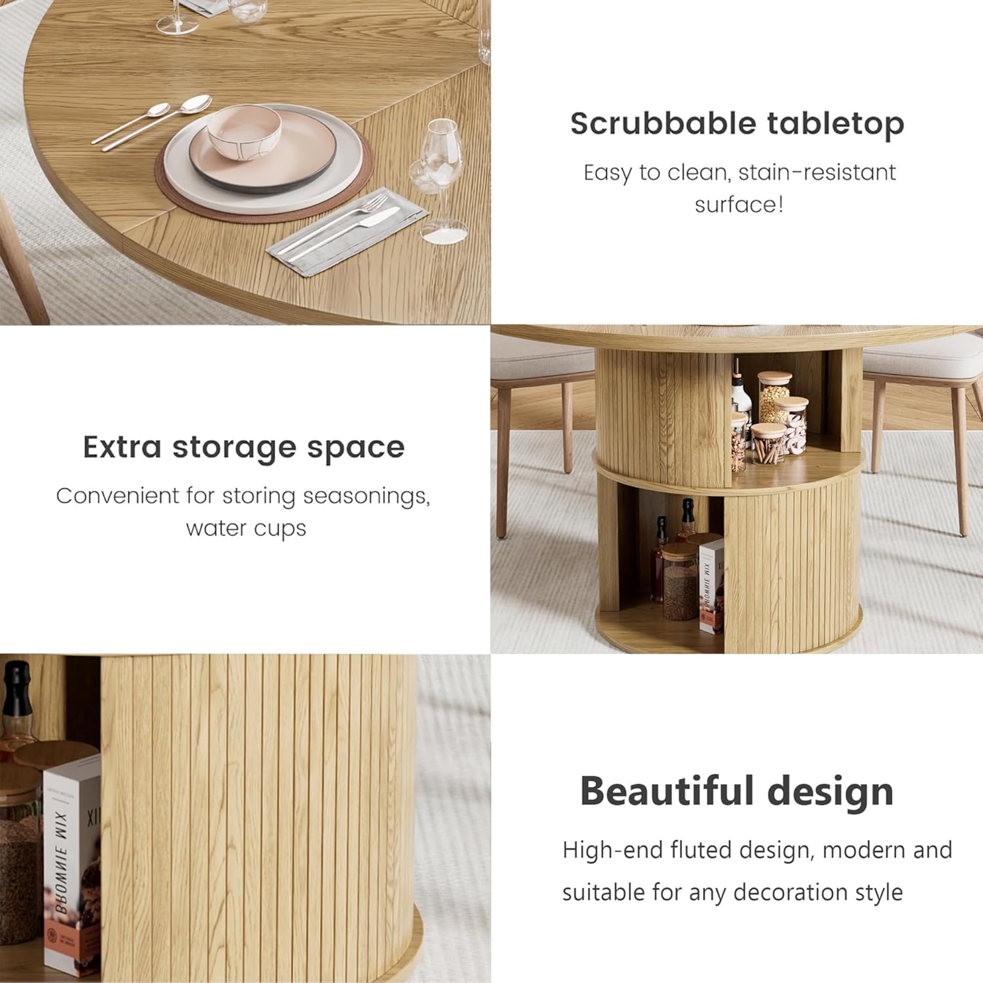 Fiogmub 47 inch Round Dining Table for 4, Circle Kitchen Table with Storage Shelf, Modern Dinner Table for Living Room, Wood Color