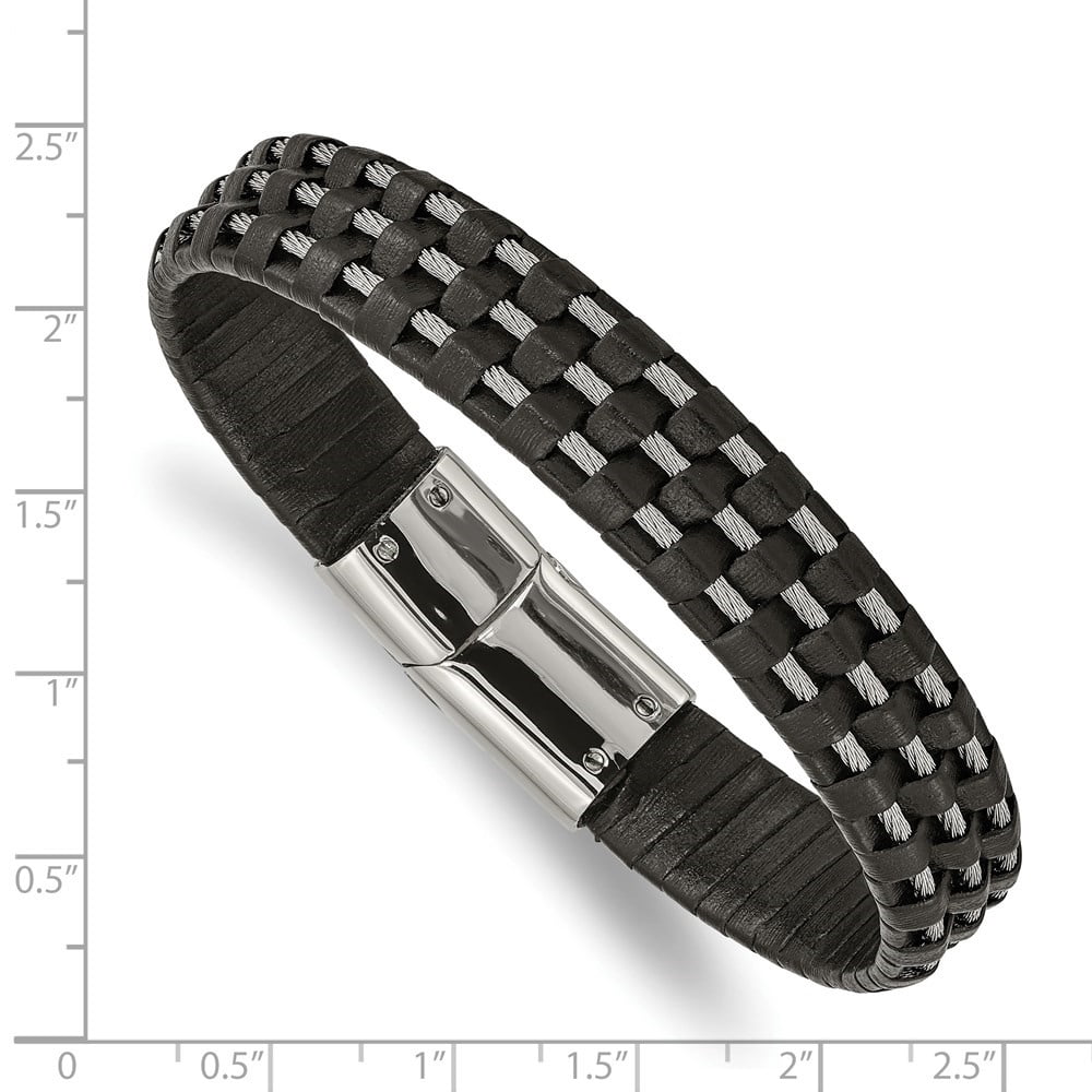 Diamond2Deal Stainless Steel Polished Wire Cable and Black Leather Bracelet for Men 8.5"