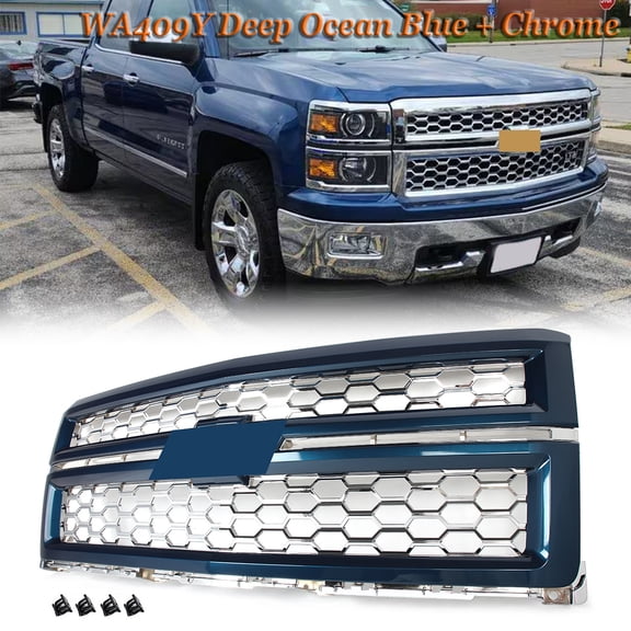 For 2014-2015 Silverado 1500 Front Bumper Upper Grille Assembly Deep Ocean Blue Chrome ,  LTZ Honeycomb Style