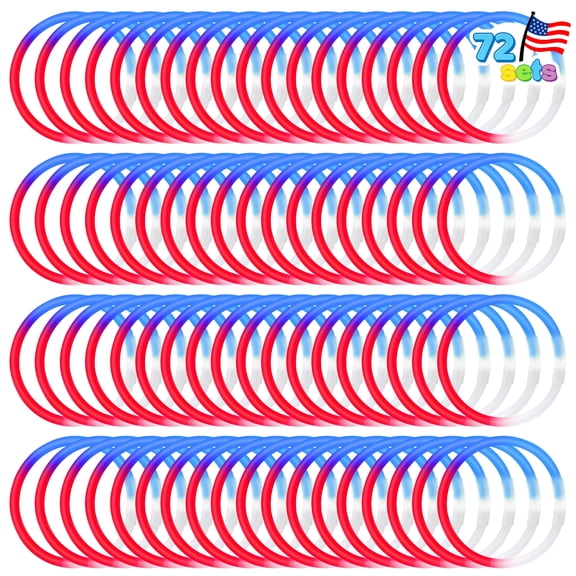 Joyfy 72 Pcs 4th of July Glow Sticks Bulk with Connectors, Red White Blue 3 Colors in 1 Glitter Sticks for Kids and Adults to Make Bracelets and Necklaces, Party Favor Supplies For Independence Day
