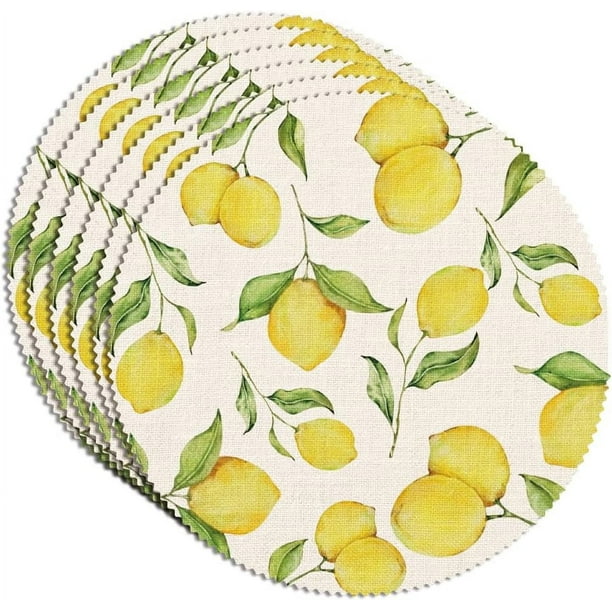 6 manteles individuales redondos de lino con diseño de limones, de 38 x 38 cm, antideslizantes, lavables y resistentes al calor para primavera y verano.