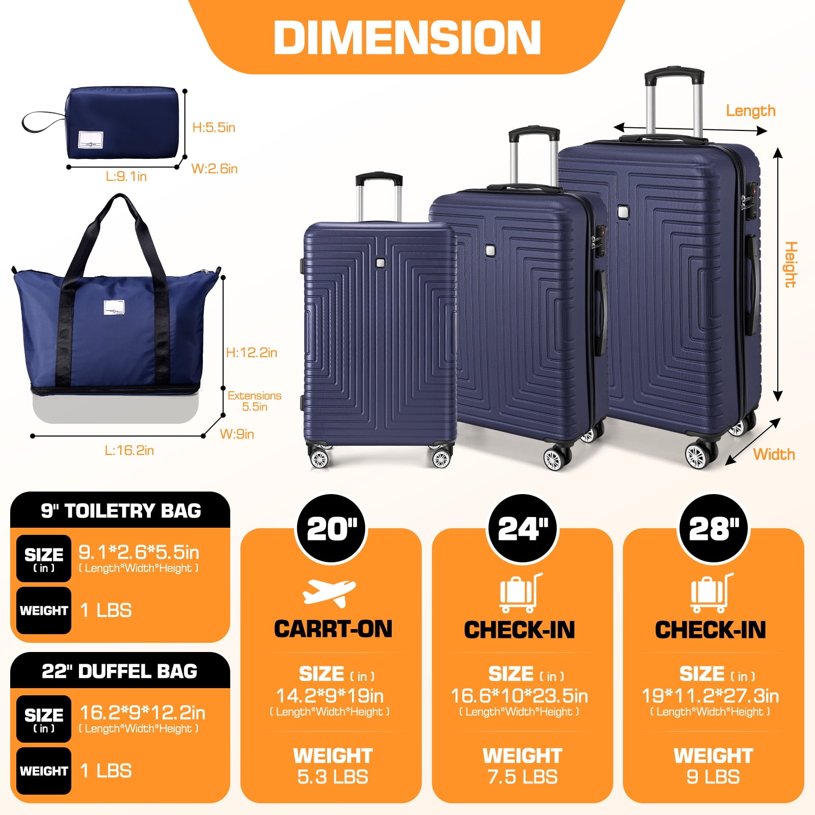 HOTEEL 20/24/28in Luggage Sets 5 Piece, PC Hardshell Suitcase with Spinner Wheels TSA Lock, Lightweight Travel Carry on Luggages with Luggage Bag&Toiletry Bag for Women and Men, Blue