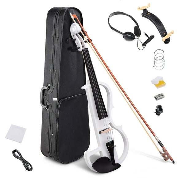 4/4 Electric Violin Full Size Wood Silent Fiddle Musical Instrument Fittings Headphone White