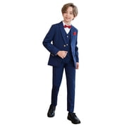Boys Formal Suit 6 Piece Set Slim Fit Kids Tuxedo Suits for Wedding Teen Toddler Boy Dress Suit Outfit Navy 13-14 Years