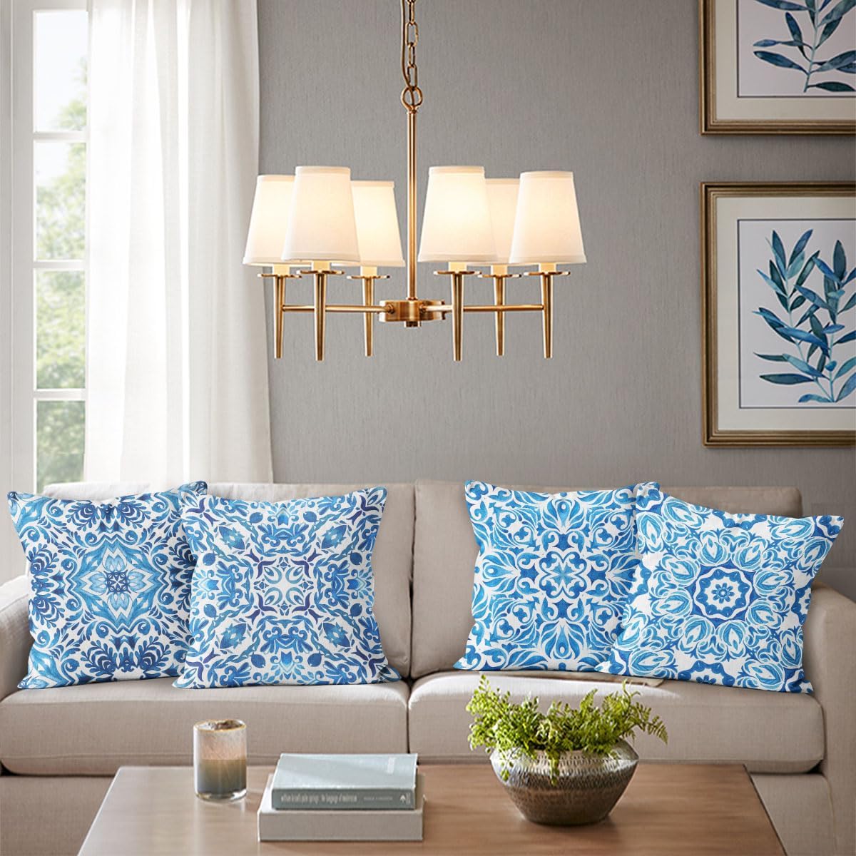 Flower Pattern Navy Blue Throw Pillow Covers, Blue Accents Pillow Decor, Blue Accents Theme Room Decor, Pillow Cases for Sofa Bed Couch, 18 x 18 Inch Set of 4, modern Theme Room Decor (baby blue)