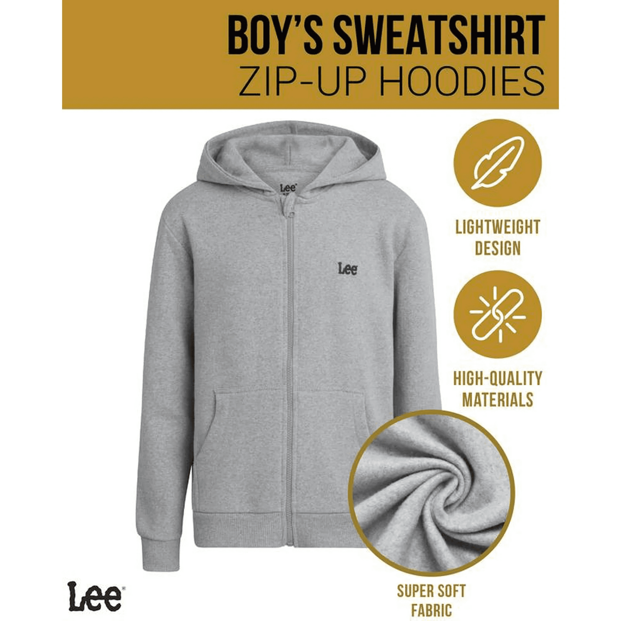 Lee Boys' Zip Up Hoodie - 3 Pack Soft Hooded Sweatshirt for Boys - Cozy Plain Hoodies (Sizes: S-XL)