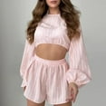 thumbnail image 2 of cfhntfmh Womens 2 Piece Pajamas Set Long Sleeve Cropped Top Slim Fitted Shorts Pjs Outfits Solid Color Lounge Sets Sleepwear, 2 of 7