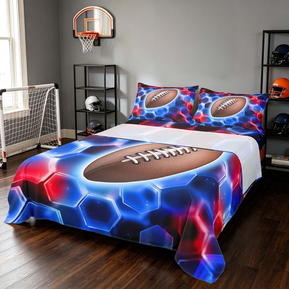 Manfei Boys Football Bed Sheets, Rugby Gamer Full Size Sheets, Red Blue Brown 4pcs(1 Flat Sheet, 1 Fitted Sheet and 2 Pillowcases)